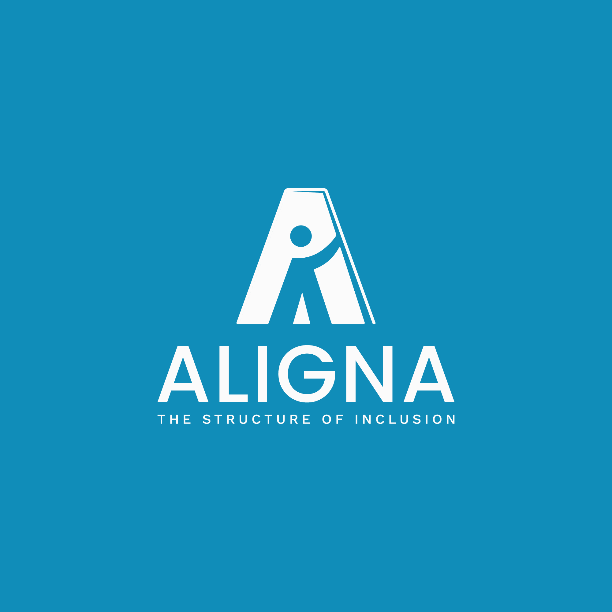 Aligna logo with white letters and an ocean blue background. A is formed by a person in the middle opening a door. Tagline is Structure of Inclusion