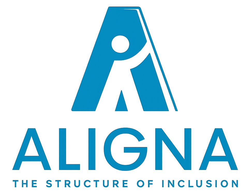 Aligna logo of a human figure opening a door-like A. Tagline: Structure of Inclusion